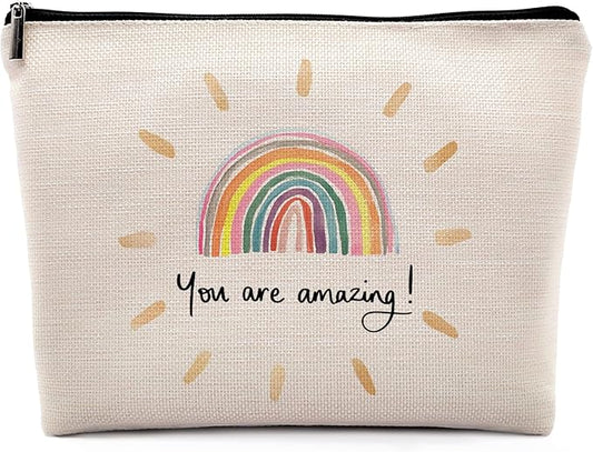 You Are Amazing Makeup Cosmetic Bag, Watercolor Rainbow Linen Makeup Travel Toiletry Bag, Inspirational Cosmetic Bag Gifts For Women Girls Wife Her Sister Mom Girlfriend