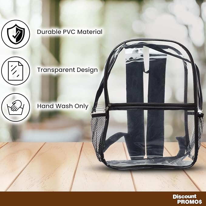DISCOUNT PROMOS Clear PVC Plastic Backpacks Set of 6, Bulk Pack - Water Resistant, Perfect for Travel, Outdoor - Clear Black - Image 2