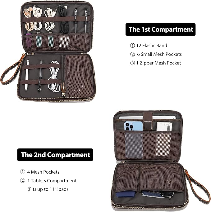 LANNSYNE Full Grain Leather Travel Cable Accessories Bag, Electronic Organizer Carry Case Double Layer Storage Case for Cables, Charger, Phone, Power Bank - Image 4