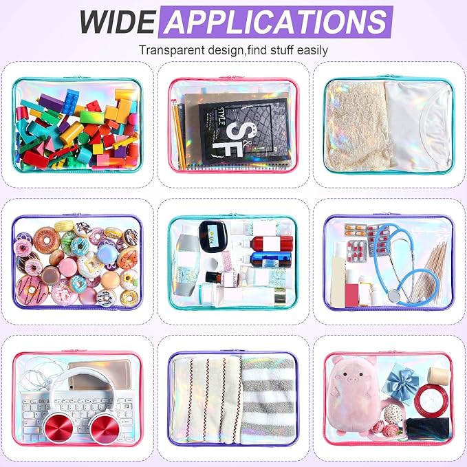 Sanwuta 6 Pcs Clear Hard Zipper Case Plastic Zipper Pouches Transparent Makeup Bag Pencil Case Pouches Toiletry Diaper Bag for Travel Toy Storage Organizer Bins(Holographic,12.6 x 9 x 2 Inch) - Image 7