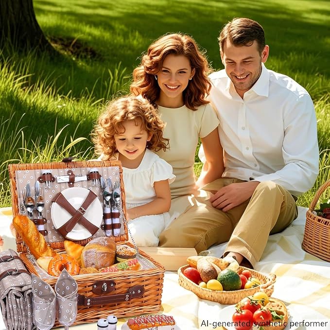 Picnic Basket Set for 4 with Waterproof Blanket Mat Insulation Bag Wicker Floral Brown Classic Fresh for Christmas Thanksgiving Wedding Birthday Camp Outdoor Beach Travel - Image 7