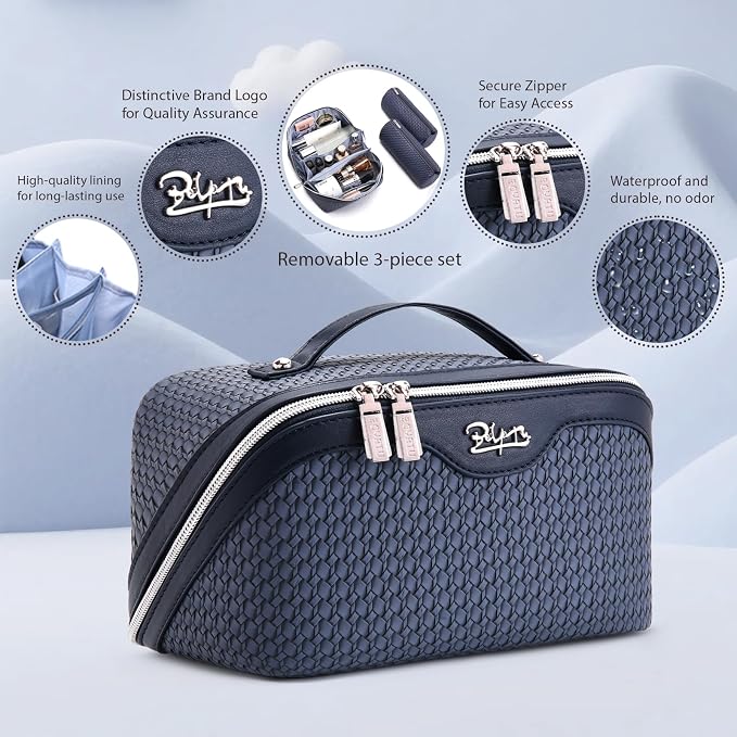 BOYATU Travel Makeup Bags for Women: Large Capacity Make up Bag with Wide Opening - 3 Pcs Set Waterproof Travel Toiletry Organizer for Full-Sized Bottles, Cosmetics & Brushes (Blue-W) - Image 2