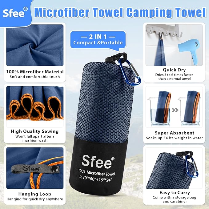 Sfee 2 Pack Microfiber Travel Towel, Quick Dry Towel Camping Towel Large Beach Towel Super Absorbent Compact Lightweight Sports Gym Towels Set for Beach, Gym, Hiking, Pool, Backpacking,Bath,Yoga - Image 2