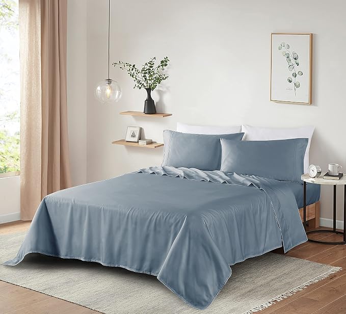 100% Supima Cotton Sheets 600 Thread Count,Bed Sheet Set Queen Size Sheets 4 Pieces,Soft & Silk Sateen Weave, Fits Mattress Up to 18",Deep Pocket, Breathable & Fade Resistant(Blue Grey,Queen) - Image 7