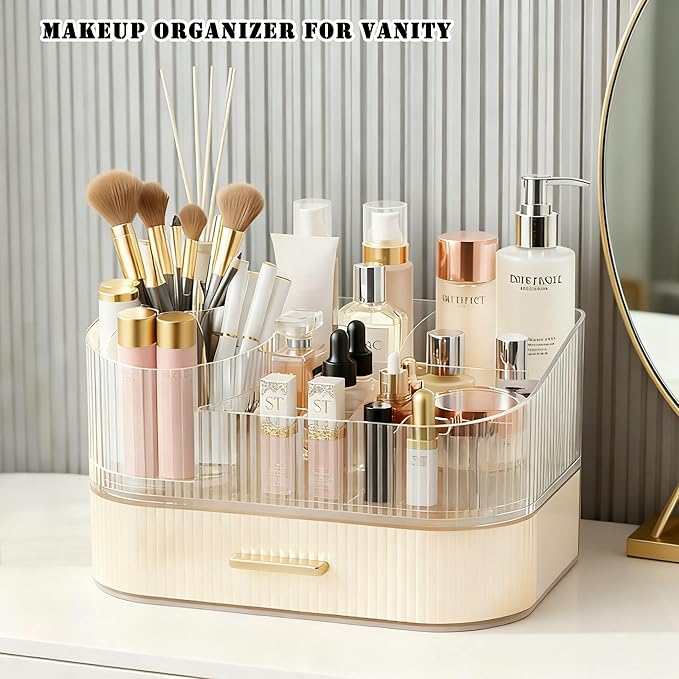 Makeup Organizer Countertop with 360 Rotating Brush Holder, Make Up Organizers For Vanity With Drawer, Bathroom Countertop Skincare Organizer And Storage - Image 2