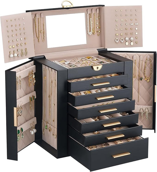 Lolalet Large Jewelry Box Organizer for Women, 7-Layer Jewelry Organizers and Storage Case with Mirror & 6 Drawers, Lockable Watch Ring Earring Bracelet Necklace Holder Girls Gift -7Layer, Black by Lolalet