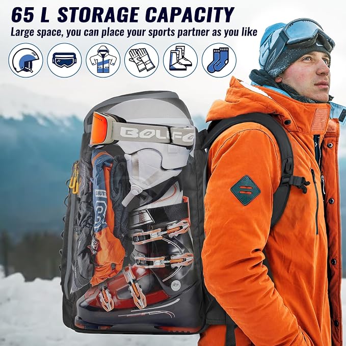 Ski Boot Bag, 65L Durable Travel Backpack, 1680D Nylon Waterproof Snowboard Boot Bag, Skiing and Snowboarding Travel Luggage for Helmet, Goggles, Gloves, Outerwear & Accessories - Image 2