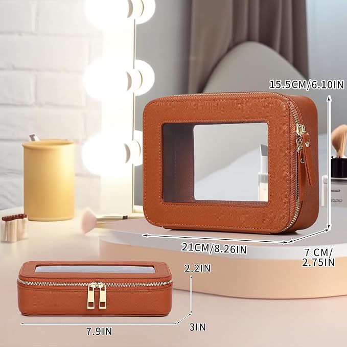 Pinkmik Travel Clear Makeup Bag with Brush Case TSA Approved Toiletry Bag Waterproof Cosmetic Organizer with Zipper Car Essential for Women (X/Brown, M+SLIM) - Image 4