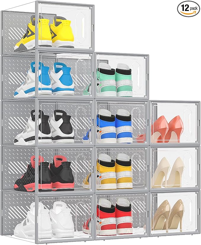 eWonLife Large Shoe Organizer Storage Box with Magnetic Door,12 Pack Clear Plastic Stackable Sneaker Containers for Closet, Connect Left and Right Shoe Box for Entryway, Drop Front, Under Bed (Grey) by EnjoyWonderfulLife-eWonLife