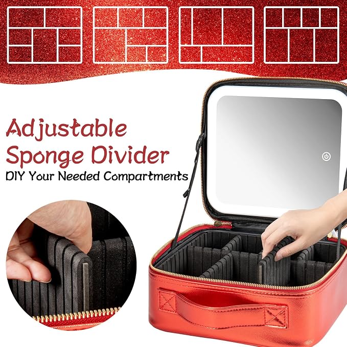 Extrei Gent Makeup Travel Train Case with Mirror LED Light 3 Adjustable Brightness Large Cosmetic Bag Portable Storage Adjustable Partition Waterproof Brushes Make up Jewelry Gift for Women - Image 4