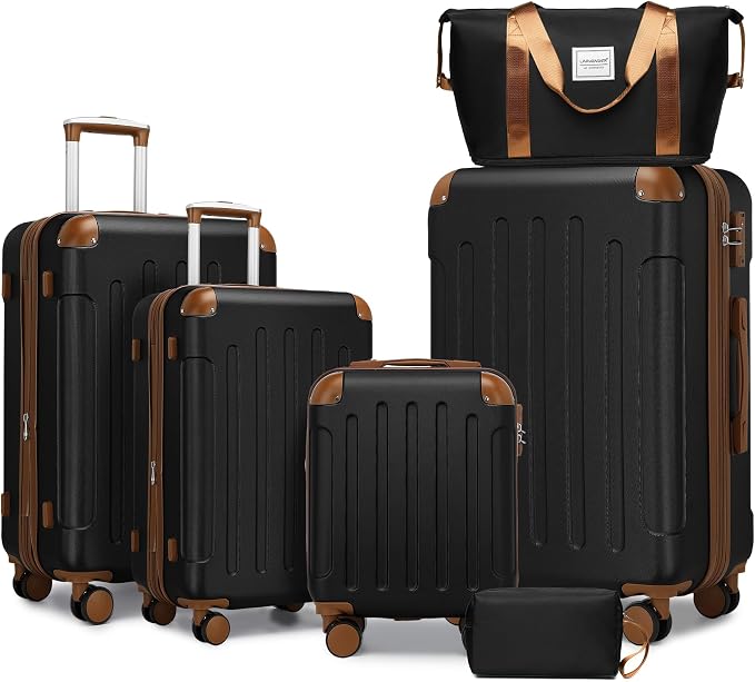 6 Piece Luggage Set Hard Shell - Black Expandable Suitcases with Spinner Wheels and Duffel Bags for Family Travel, Durable Carry On Luggage Sets with Lock for Women and Men by Unknown