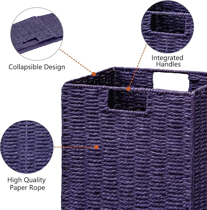 Vagusicc Wicker Storage Basket, Set of 2 Hand-Woven Paper Rope Wicker Basket, Foldable Cube Storage Bins, 9 inch Square Storage Baskets for Organizing Shelves & Decor, Purple (9″×9″×9″) - Image 2