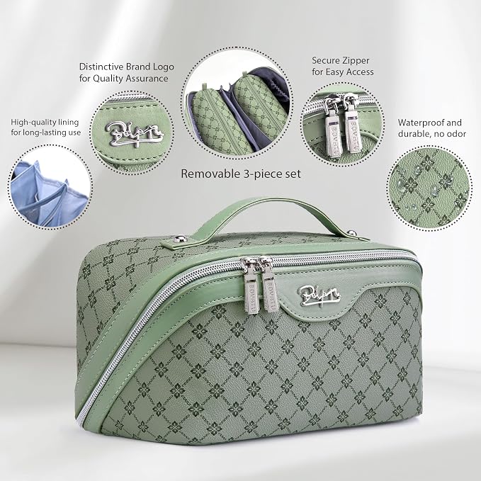 BOYATU Travel Makeup Bag Cosmetic Bags for Women: 3 Pcs Set Large Capacity Make up Bag with Handle - Vegan Leather Toiletry Bags with Compartments - Makeup Organizer for Travel Essentials(A-5-Green) - Image 2