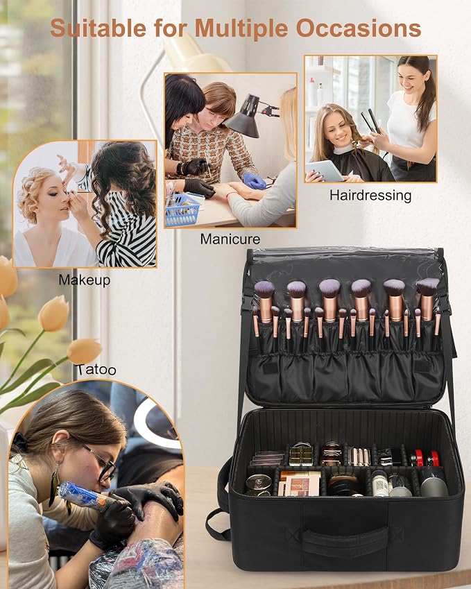 Relavel Makeup Backpack Extra Large Travel Train Case Professional Makeup Artist Kit Set Bag with 4 Clear Bags, Brush Storage Organizer Box with Dividers for Cosmetic Hair Tools Barber Supplies, Black - Image 4