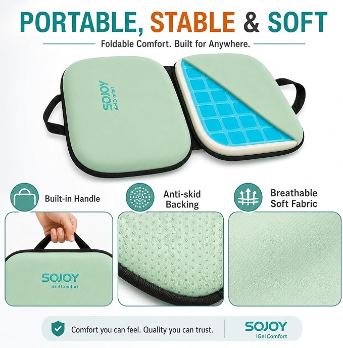 Sojoy 3-in-1 Foldable Gel Seat Cushion with Memory Foam Ergonomic Portable Cushion for Back Pain & Tailbone Relief - Perfect for Office Chair, Airplane Travel & Stadium Seats (18.5" x 15" x 2" Green) - Image 4