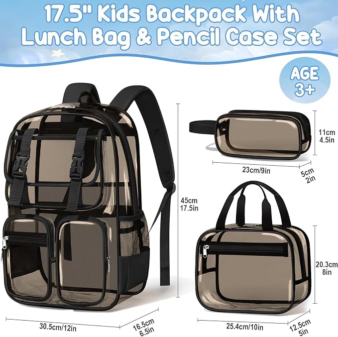 Fimibuke Clear Backpack for Girls - 3 PCS Heavy Duty Kids Boys Clear Bags Schoolbag Large Transparent PVC Bookbag with Lunch Box Pencil Case Set for Travel School Concert Stadium Events Backpacks - Image 2