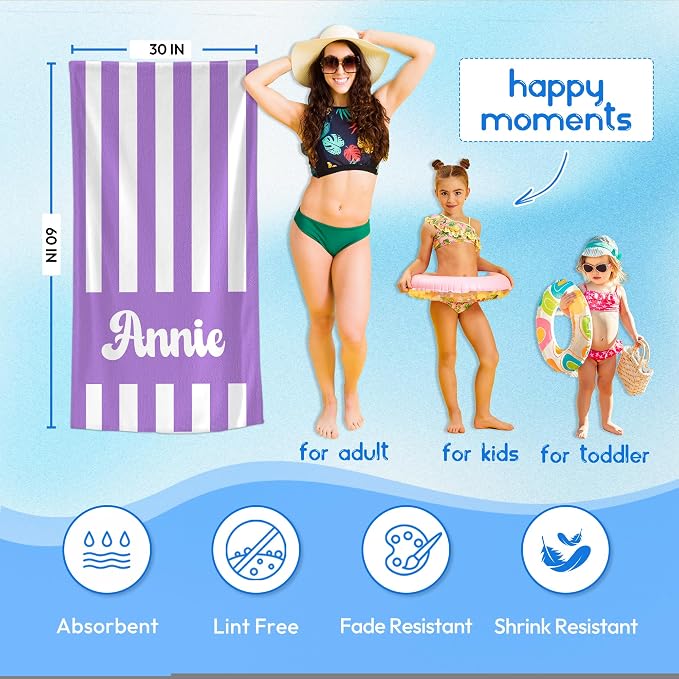 JML Personalized Beach Towel with Name, Custom Cabana Stripe Beach Towel, Customized Microfiber Pool Towel, Quick Dry & Absorbent Swim Towel for Adult,Mother's Day, Birthday, Summer Holiday,Vacation - Image 3