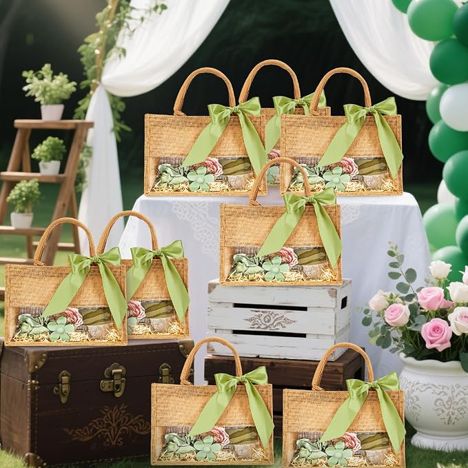 gisgfim 8 Pack Burlap Tote Bags Bachelorette Gift Bag with Clear PVC Window and Sage Green Ribbon DIY Bridesmaids Gift Bag Reusable Grocery Bags with Handle for Wedding Beach Shower Party - Image 7