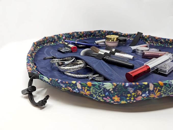 Lay-n-Go Cosmo Layflat Drawstring Cosmetic & Makeup Bag Organizer - Portable Drawstring Makeup Bag w/Zipper Pocket, Loops & More -Durable, Machine Washable Toiletry Bag (20", Butterfly Small Floral) - Image 6