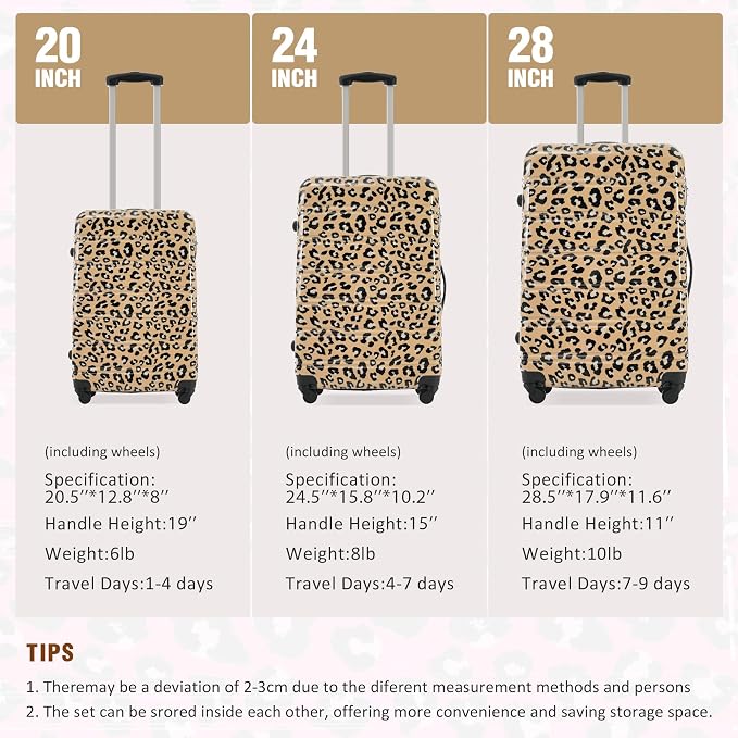 Merax Luggage Sets 3 Piece,Suitcase Set with Spinner Wheels 20/24/28 INCH | Hardside PC Expandable Lightweight Leopard Suitcase with Carry on Luggage,Leopard Brown - Image 3