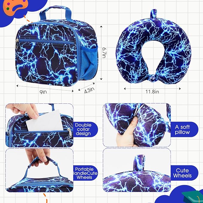 Redbaker 6 Pcs Travel Luggage Set, 17 Inch Rolling Suitcase with Backpack Lunch Bag Neck Pillow Luggage Tag and Pen Pouch, Blue Lightning Pattern for Vacation Sleepover Weekend Trips - Image 4