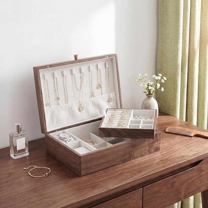 Wooden Jewelry Box for Women, Black Walnut | Jewelry Organizer & Storage, Velvet Lining, Multi-Compartment, Travel Jewelry Case for Ring Necklace Earring - Image 5