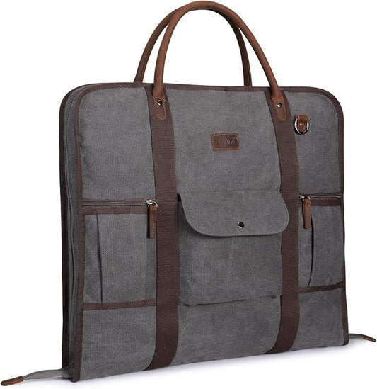 S-ZONE Carry on Garment Bag for Business Travel Canvas Leather Men Suit Cover | Leather Handle Straps, Multi-Pocket, Removable Shoulder strap, Trolley Sleeve, for Gym or Daily Use by S-ZONE