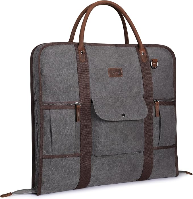 S-ZONE Carry on Garment Bag for Business Travel Canvas Leather Men Suit Cover | Leather Handle Straps, Multi-Pocket, Removable Shoulder strap, Trolley Sleeve, for Gym or Daily Use by S-ZONE