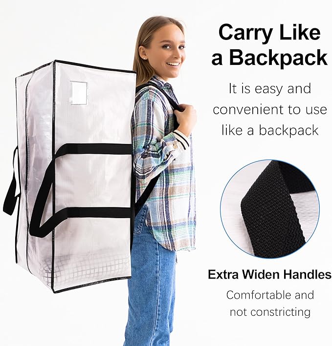 VELVETSURE 12 Pack Heavy Duty Large Moving Bags W/Backpack Straps - Strong Handles & Zippers, Storage Totes For Space Saving, Fold Flat, Alternative to Moving Box and Storage Bin, Semi-Transparent - Image 4