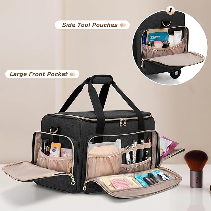 LUXJA Rolling Makeup Case with 3 Removable Makeup Bags and 1 Brush Holder | Large Cosmetic Bag with Detachable Shoulder Strap and Dolly, Professional Train Case with Multiple Storage Pockets, Black - Image 4