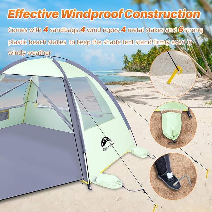 Happy Travel Beach Tent, UPF 50+ UV Protection Sun Shade Shelter for 3/4/5/6/7/8 Person, Portable Beach Canopy for Family & Baby, Lightweight & Easy Setup Beach Cabana with 3 Ventilation Mesh Windows - Image 6