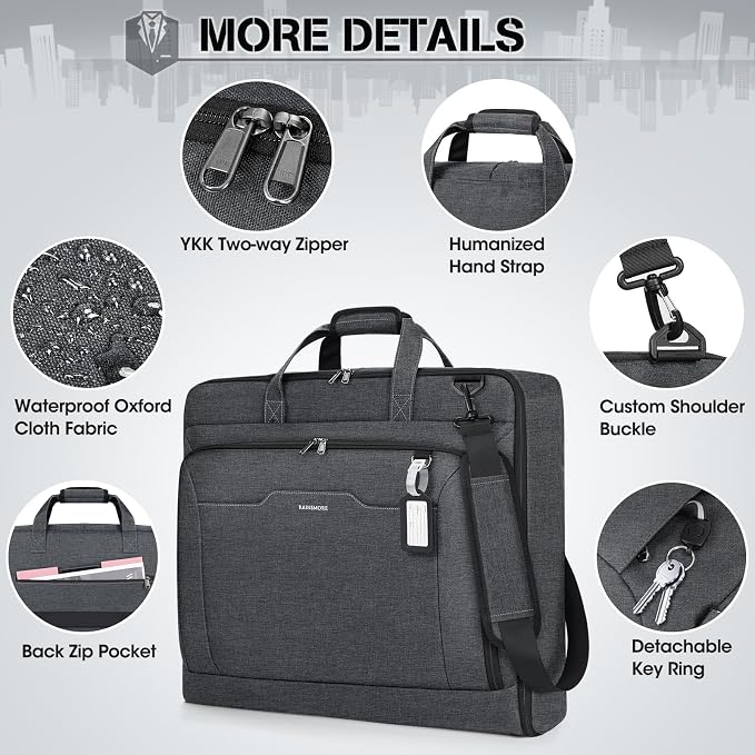 RAINSMORE Garment Bags for Travel Carry On Garment Bag for Hanging Clothes, Suit Bag for Business Trips with Shoes bag & Shoulder Strap, Waterproof Foldable Suit Luggage Bag for Men Women, Gray - Image 6