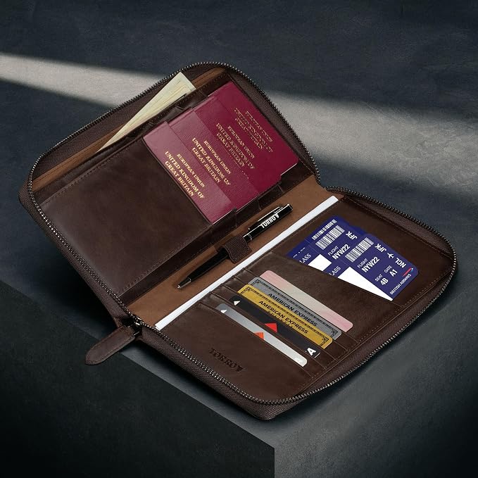 TORRO Premium Leather Family Travel Wallet, RFID Blocking Travel Organizer, Family Passport Holder for 4 Passports, Travel Documents and Cards (Dark Brown) - Image 3