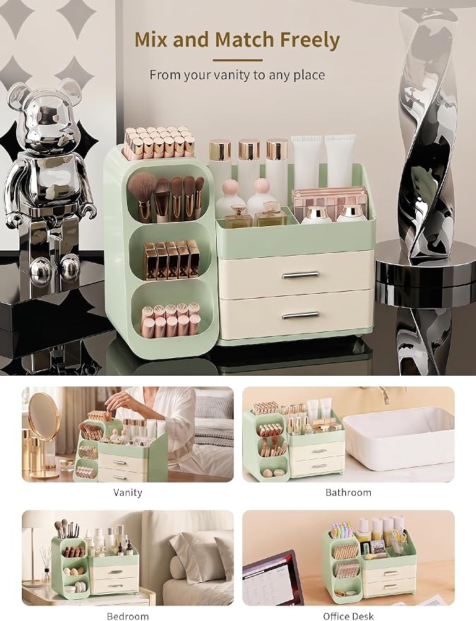 Booklov Makeup Organizer for Vanity and Bathroom Countertop, Green Cream | Plastic Cosmetic Display Case with Drawers, Beauty Brush Holder for Dresser Counter Skin Care Eyeshadow Lipstick Storage - Image 8