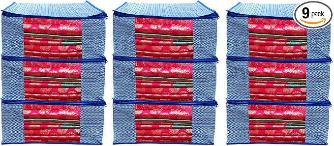 ANKIT INTERNATIONAL Saree Cover Storage Bags Pack of 09 – Non Woven Foldable Clothes Storage Organizer with Zipper & Clear Window, Wardrobe Garment Storage for Sarees, Dresses (Blue) by AI+ANKIT+INTERNATIONAL