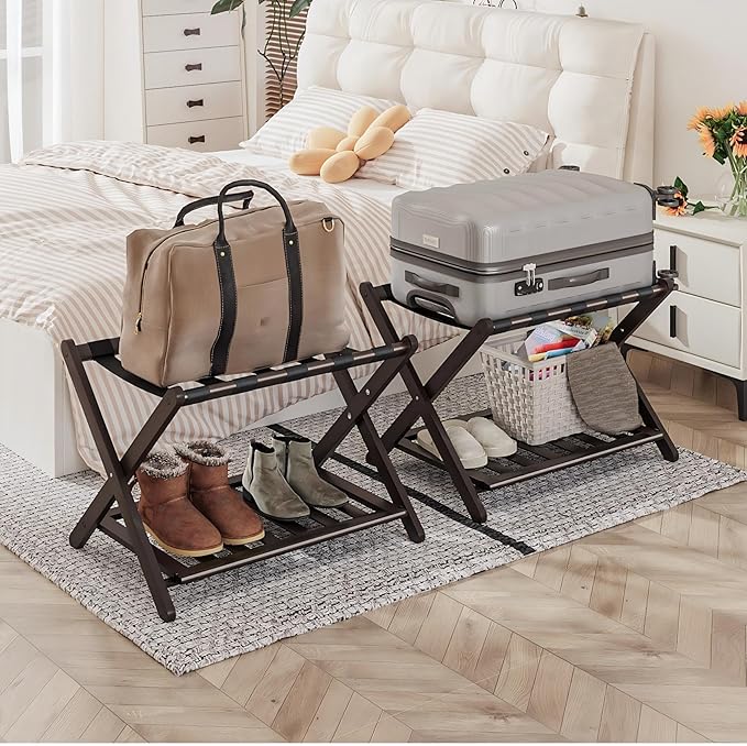 Smart FENDEE 2 Packs Fully Assembled Espresso Bamboo Luggage Racks, Folding Suitcase Stand with Shoe Shelf, 5 Nylon Straps, Heavy Duty Luggage Stands Ideal for Guest Room, Bedroom, Hotel by SmartFENDEE