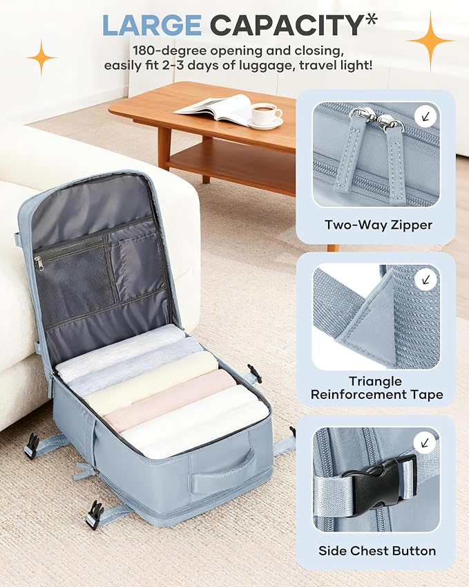 coofay Travel Backpack Carry on Flight Approved Mochila De Viaje Carry on Backpack for Airplanes Spirit Airlines Personal Item Bag 18x14x8 Inches Travel Bag Traveling Backpack for Women Men Grey Blue - Image 5