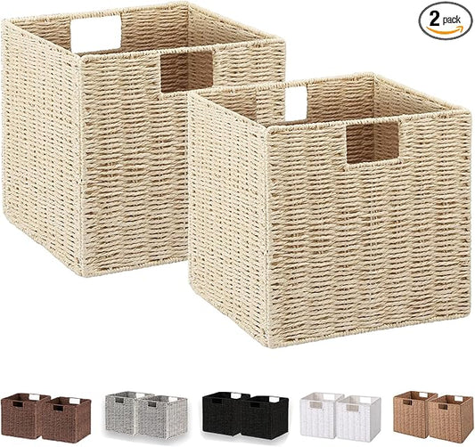 Vagusicc Wicker Storage Basket, Set of 2 Hand-Woven Paper Rope Storage Baskets, Foldable Cube Storage Organizer Bins, 11 Inch Wicker Storage Baskets for Shelves and Decor, Square Storage Basket, Beige by Vagusicc