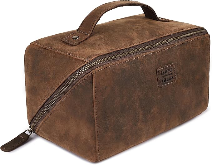 LEATHER VILLAGE Genuine Leather Travel Dopp Kit for Men & Women – Open Flat Large Capacity Cosmetic Bag with Water-Resistant Lining – Skin Care, Brushes, Shaving & Bathroom Essentials Organizer- Brown by LeatherVillage