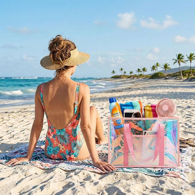 Iridescent Waterproof Beach Tote Bag for Women Large Jelly Tote Bag for Summer Travel Vacation Swim Pool - Image 2
