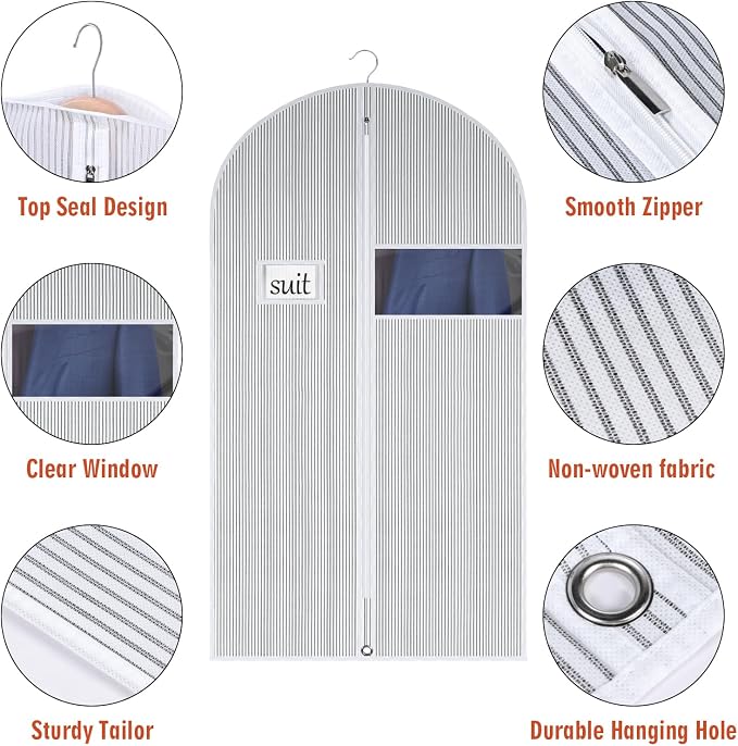 Univivi Suit Bags for Closet Storage and Travel, 40 Inch, 10 Pack, White | Non-woven fabric, Breathable Suit Cover, Dustproof Hanging Storage Bag, Clear Window and ID Card Holder for Closet Storage - Image 3