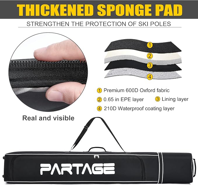 Partage Ski Bag - Ski Bag with Wheels Waterproof Ski Travel Bag Ski Boot Bag 600D Heavy Duty Oxford Fabric - Adjustable Length Up to 200cm Easy to Store and Transport Suitable for Men Women - Image 4