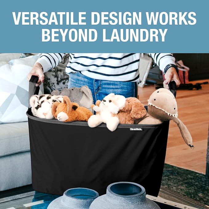 CleverMade Collapsible Laundry Basket 2 Pack – 60L (16 Gal) Foldable Clothes Hamper with Reinforced Handles, Space Saving Fabric Laundry Bin, Holds 55 lbs, Flat Folding for Home & Travel - Black - Image 5