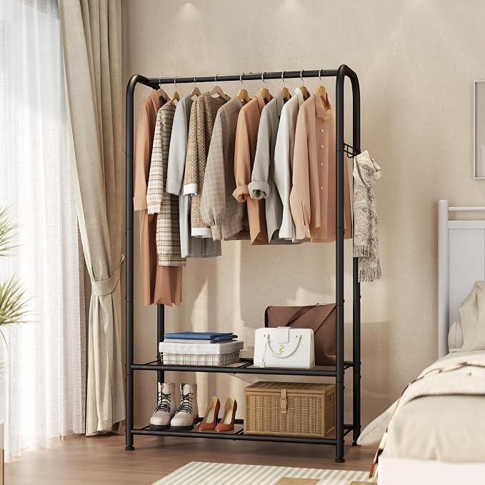 SINGAYE Wardrobe Standing Closet Clothing Rack With Shelf Hanging Clothes | Wardrobe Open Compact Small Metal Garment Hanger Stand Alone Free Standing Black Closet Rack Storage Organizer Heavy Duty - Image 2