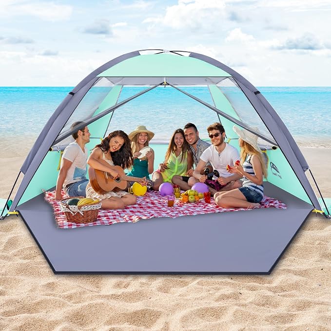 Happy Travel Beach Tent, UPF 50+ UV Protection Sun Shade Shelter for 3/4/5/6/7/8 Person, Portable Beach Canopy for Family & Baby, Lightweight & Easy Setup Beach Cabana with 3 Ventilation Mesh Windows by HappyTravel