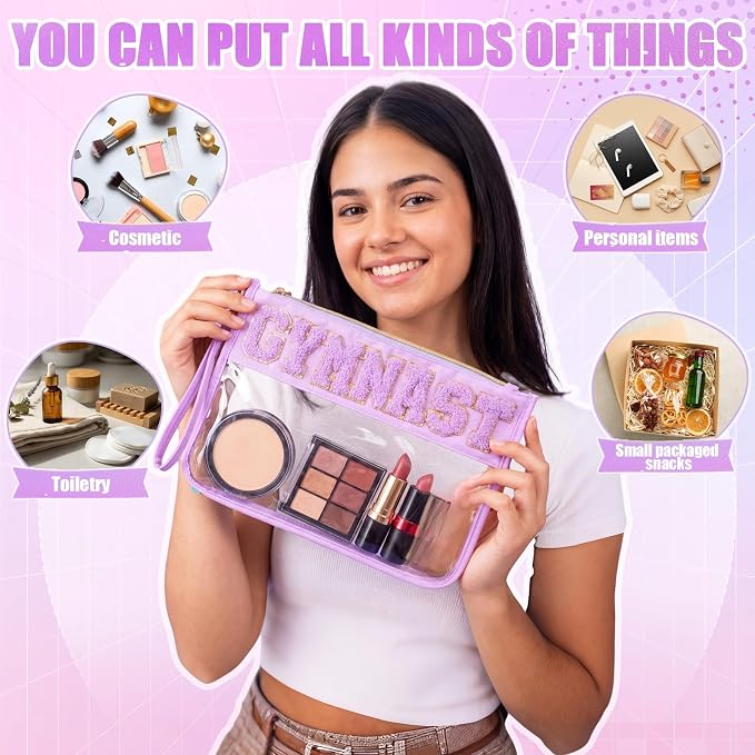 6 Pcs Gymnastics Gifts Cosmetic Makeup Bags, Purple Clear PVC Zipper Pouch with Chenille Letter Patch, Waterproof Travel Toiletry Storage Bag for Team Girls Women Party Favor - Image 3
