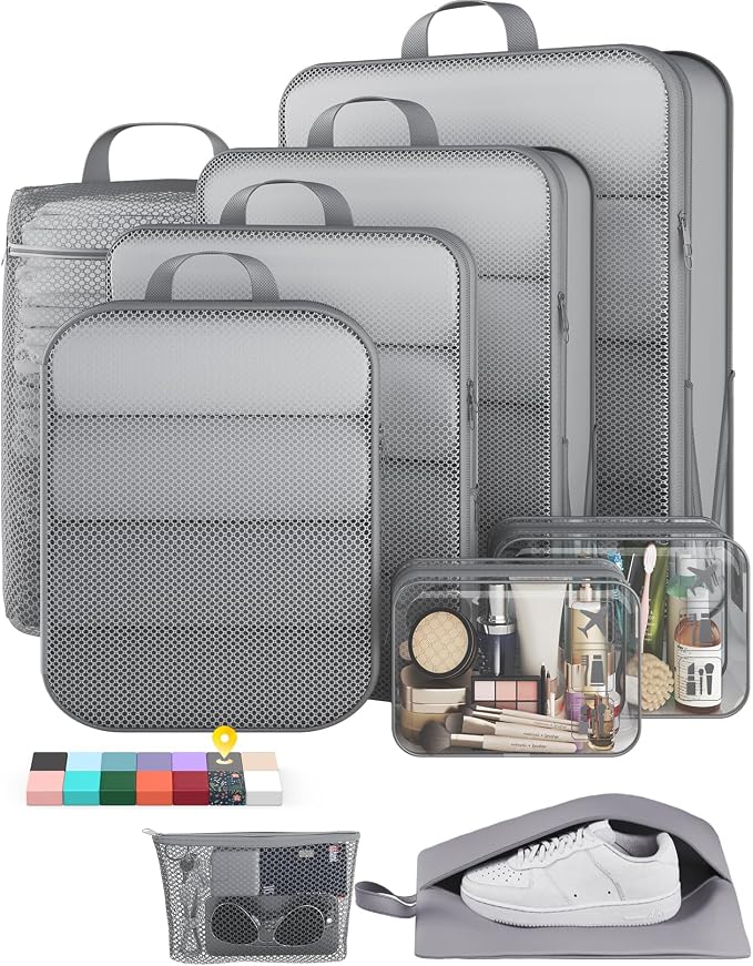 Veken 9/11 Set Compression Packing Cubes for Travel Essentials,Compressible Expandable Luggage Suitcase Organizer Bags with Garment Bag,Space Saver Bags with Over 1000 pcs of Mesh Holes(Gray) by Veken