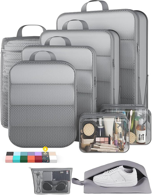 Veken 9/11 Set Compression Packing Cubes for Travel Essentials,Compressible Expandable Luggage Suitcase Organizer Bags with Garment Bag,Space Saver Bags with Over 1000 pcs of Mesh Holes(Gray) by Veken