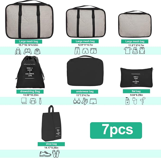 Travel organizer 7 in 1 Packing Cube For Travel Space Saver Laundry Cosmetics Luggage makeup Bag Organizers Set with Shoe Bag for travel (Black) - Image 2