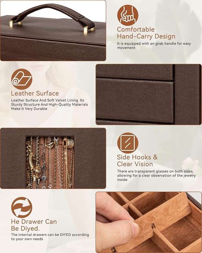 AKOZLIN 6-Tier Jewelry Box Organizer Functional 5 Drawers Leather Jewelry Storage Case for Women Girls Ring Necklace Earring Bracelet Holder Organizer with Mirror XL Brown 360° Rotating - Image 6